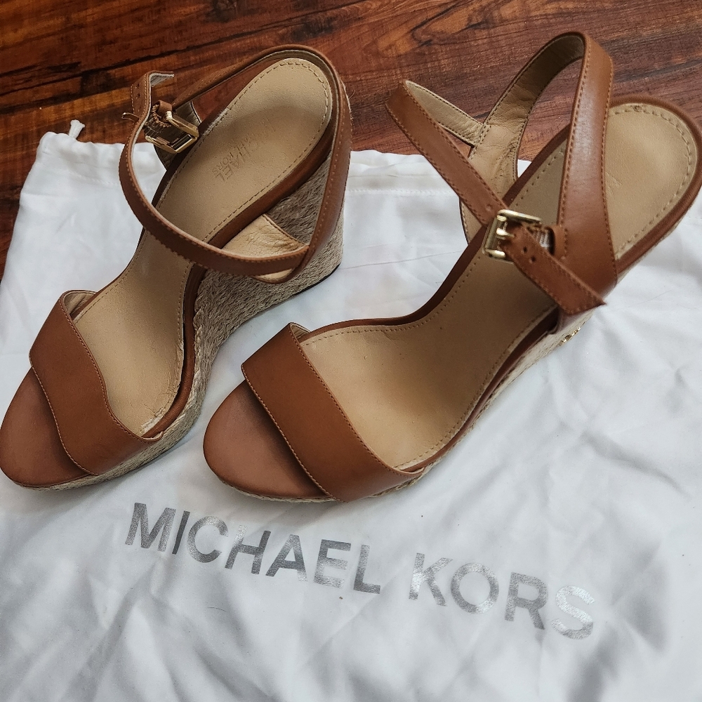Michael Kors Tan Leather Espadrille Wedge Sandals